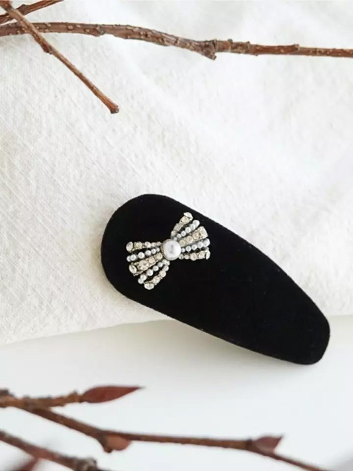 Velvet Rhinestone Bow Hair Clip