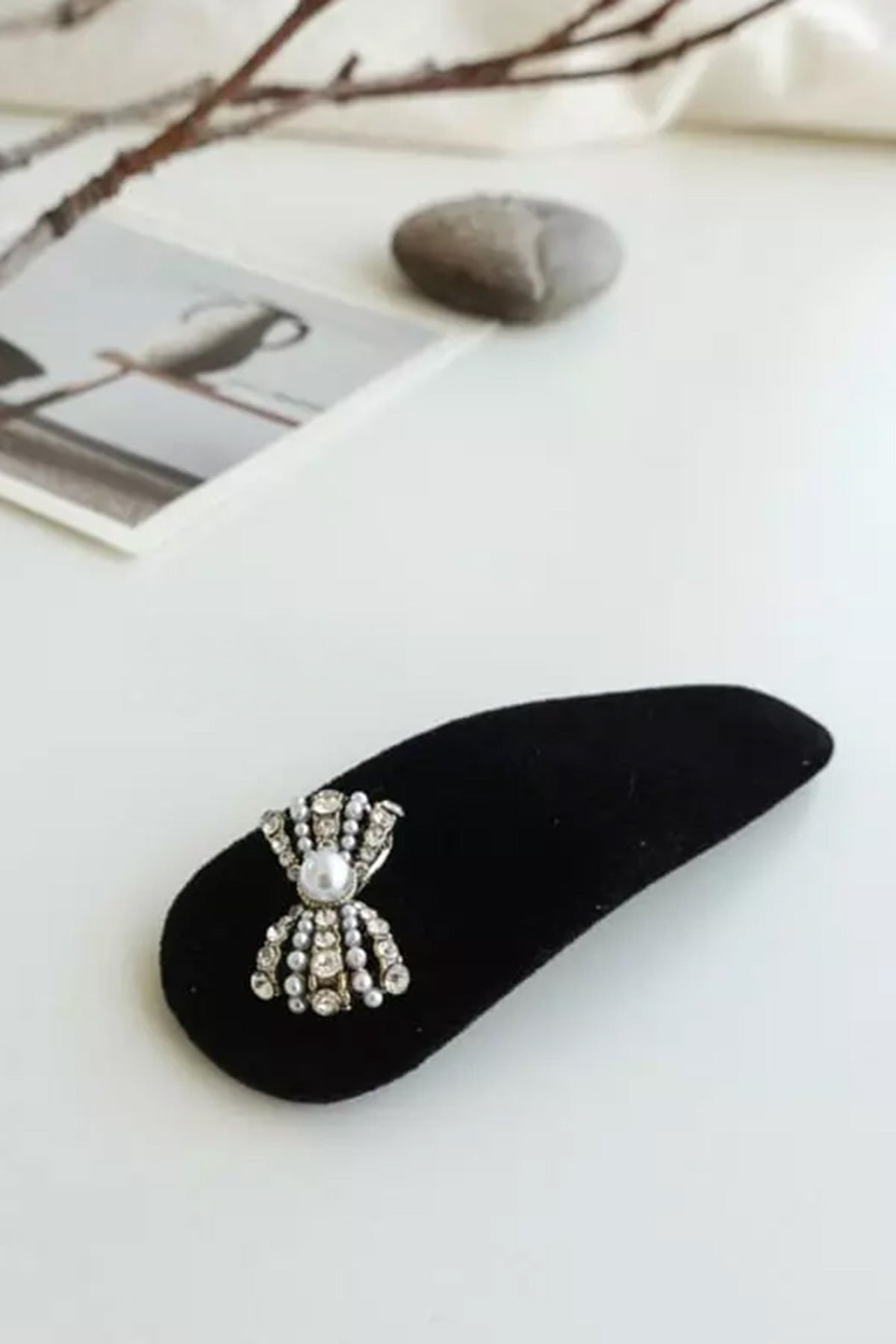 Velvet Rhinestone Bow Hair Clip