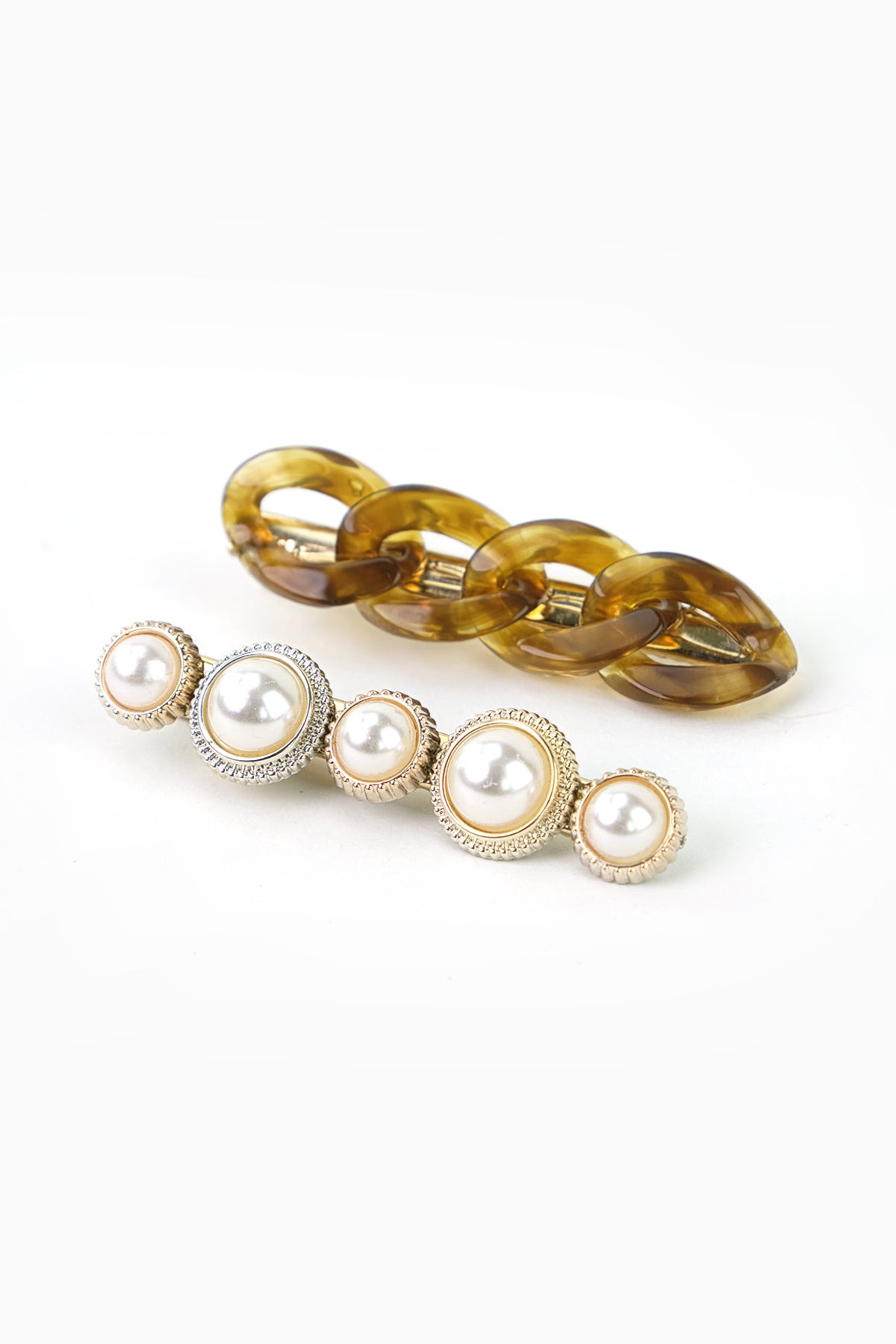 Pearl And Acrylic Chain Link Hair Clip Set (Brown Tortoise)