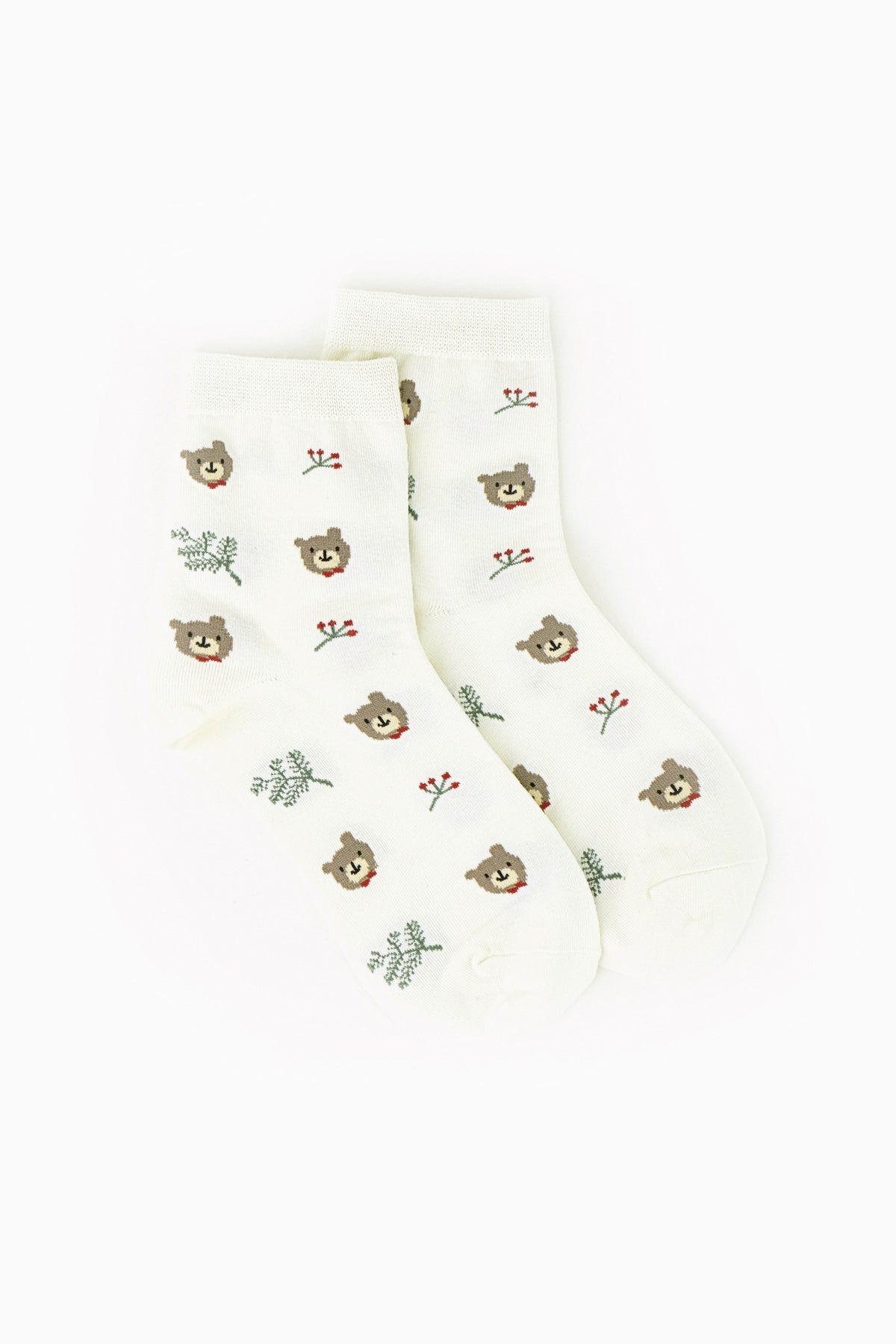 Bear And Plants Crew Socks (Off White)