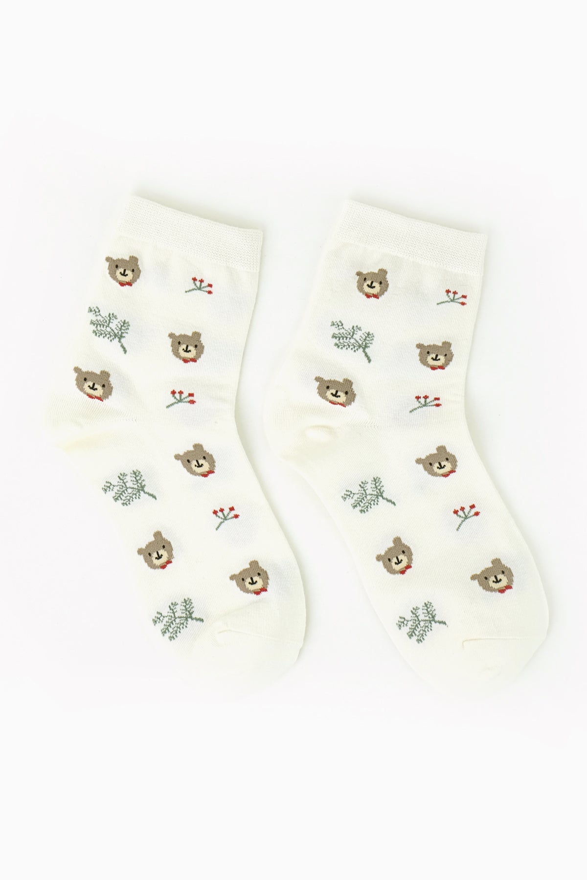 Bear And Plants Crew Socks (Off White)