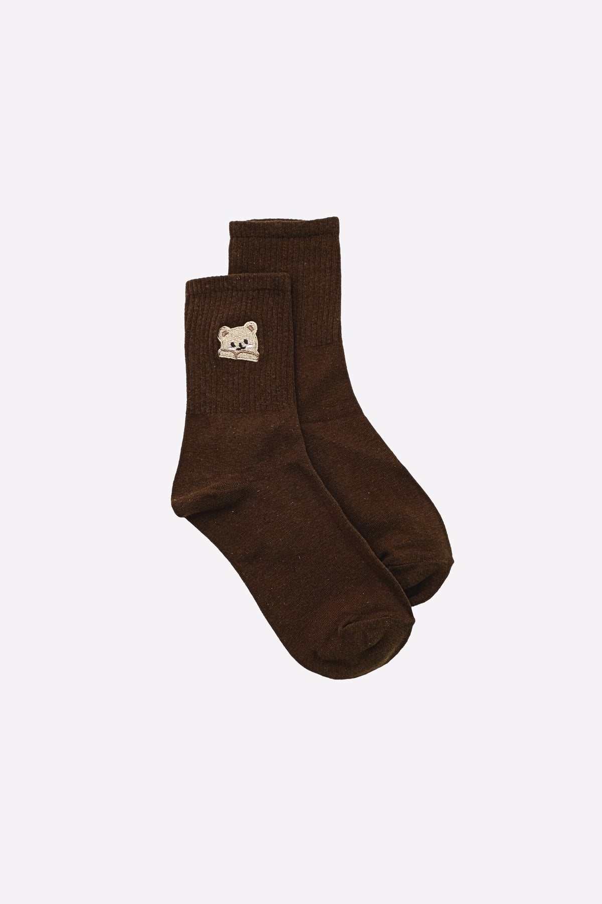 Bear Embroidered Socks (Dark Brown)
