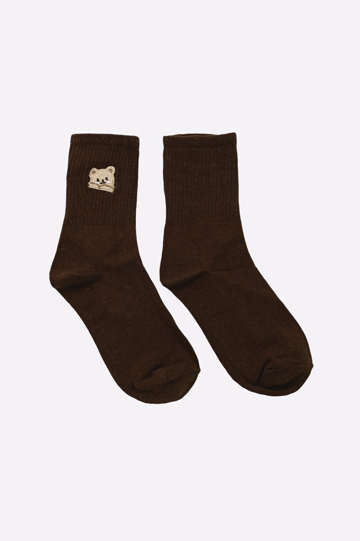 Bear Embroidered Socks (Dark Brown)