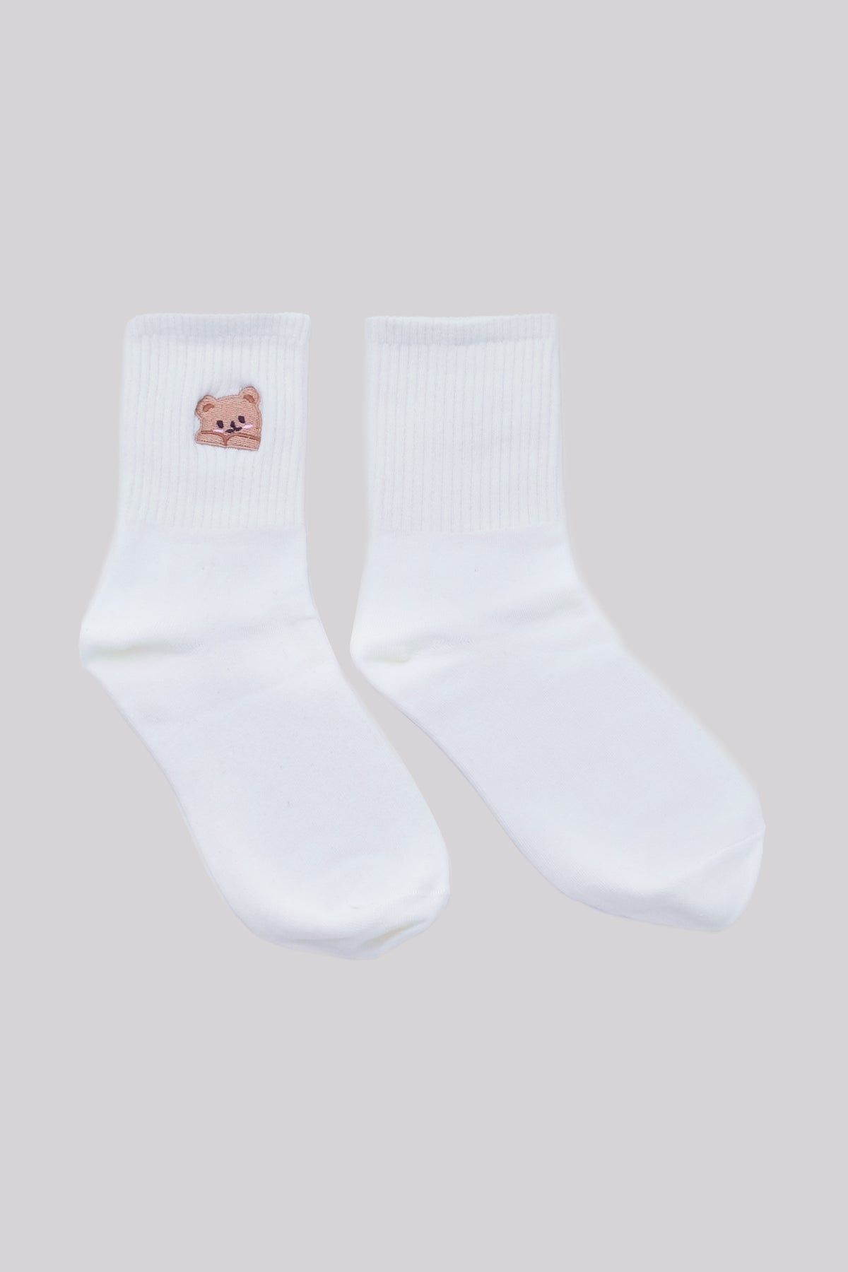 Bear Embroidered Socks (White)
