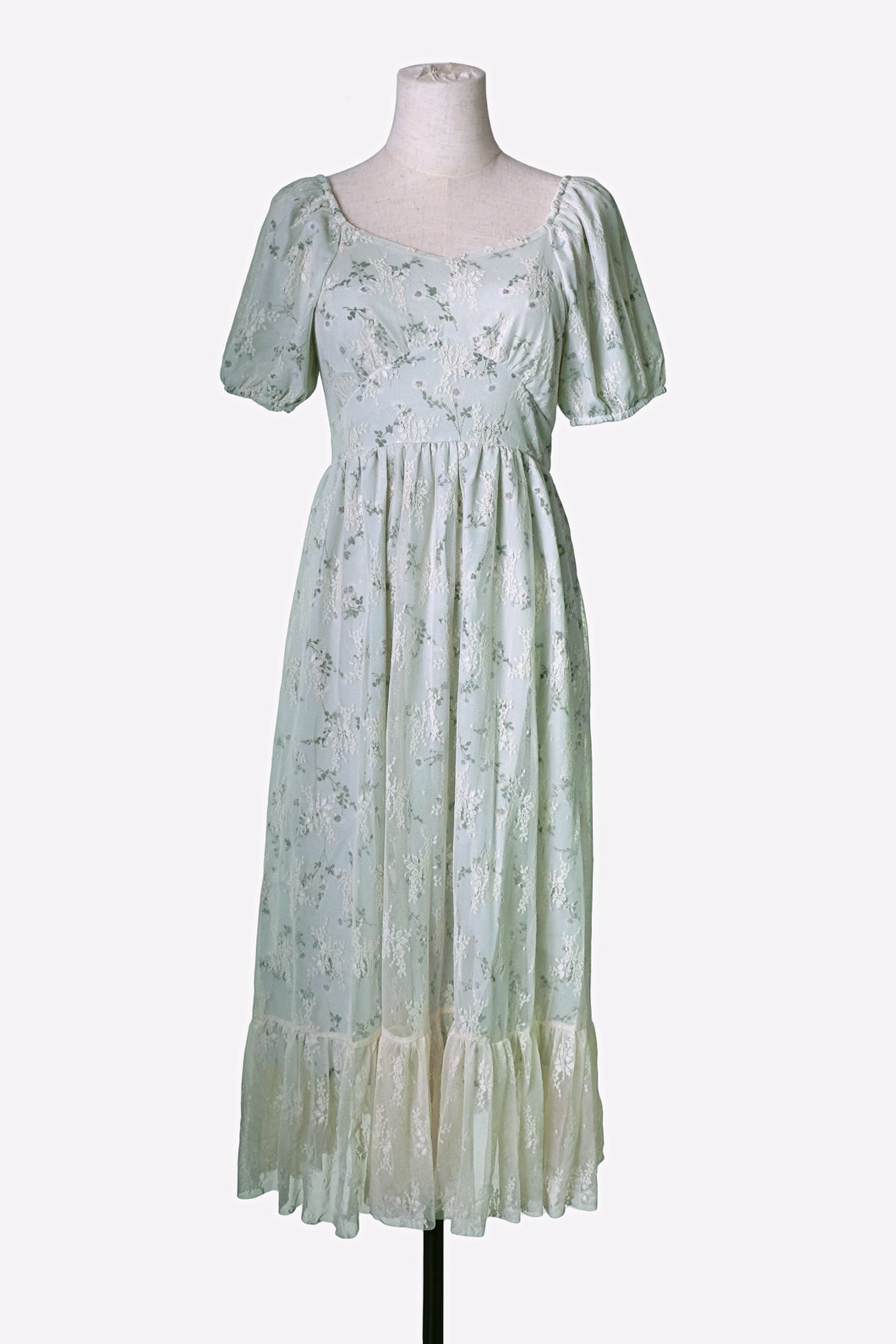Green Short Sleeve Floral Lace-Overlay Dress (Mint)