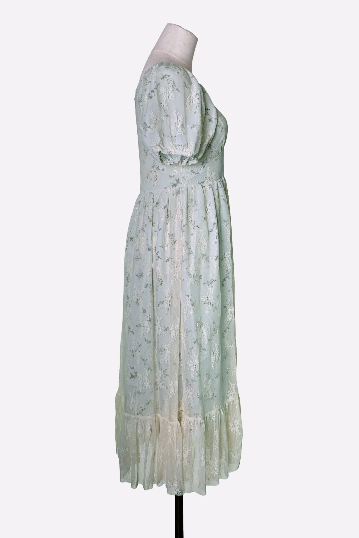 Green Short Sleeve Floral Lace-Overlay Dress (Mint)