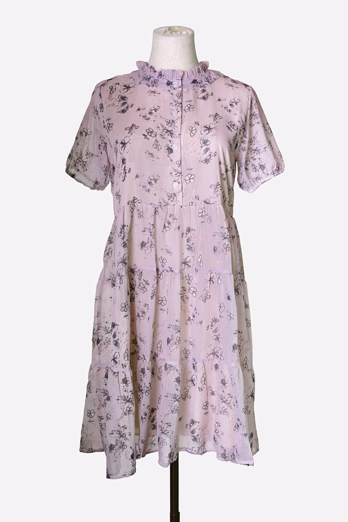 Short-Sleeve Floral Midi A-Line Dress (Light Pink)
