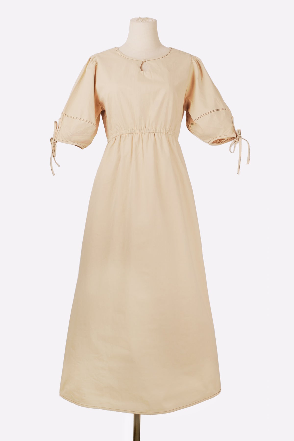 Lantern Sleeve 2-way Keyhole Neck Dress (Beige) Front