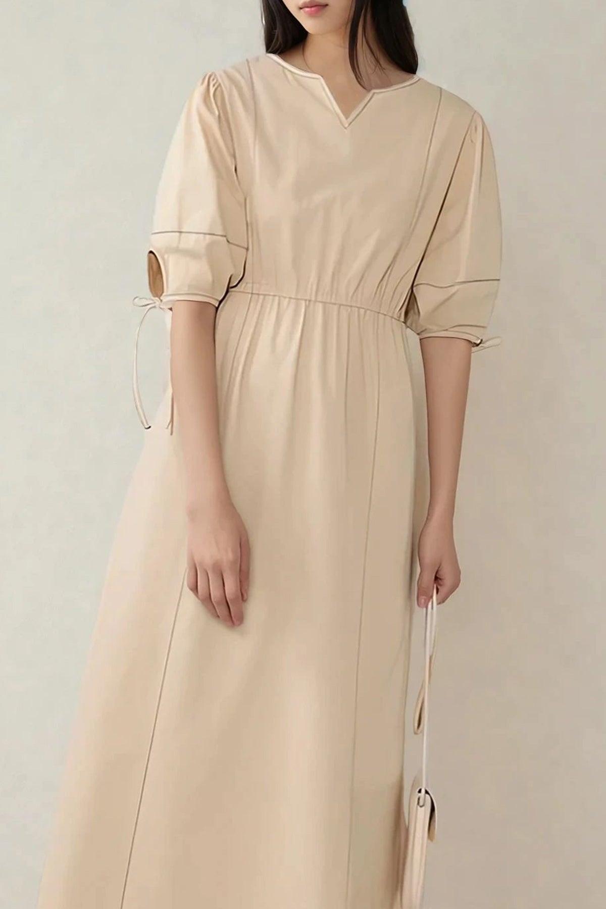 Lantern Sleeve 2-way Keyhole Neck Dress (Beige)