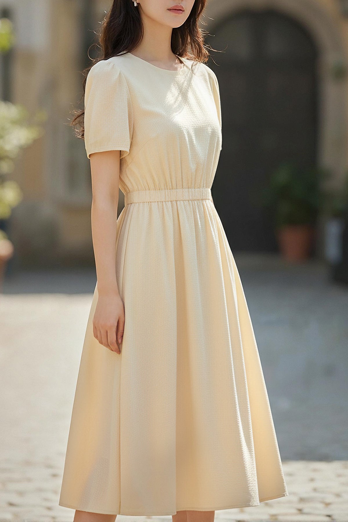 Seersucker Midi Dress (Yellow Beige)
