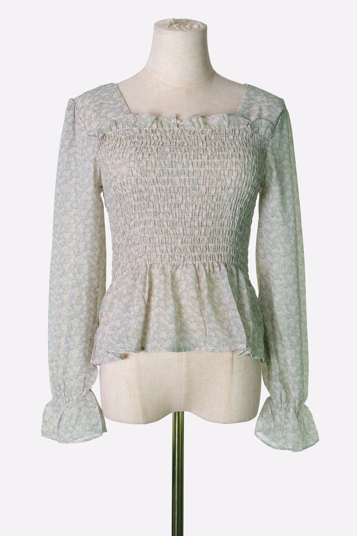 Floral Print Bell-Sleeve Chiffon Blouse (Green Floral)