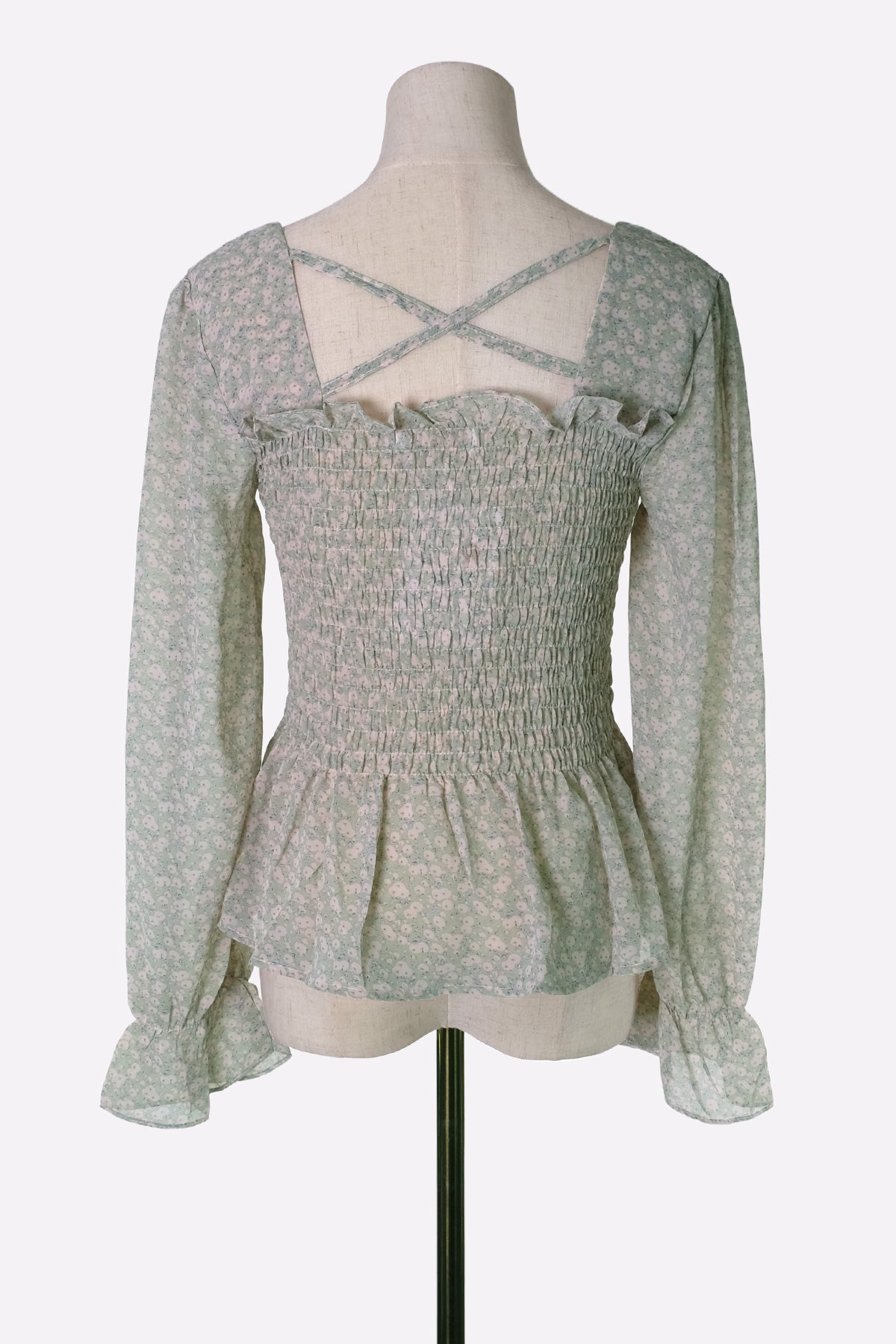 Floral Print Bell-Sleeve Chiffon Blouse (Green Floral)