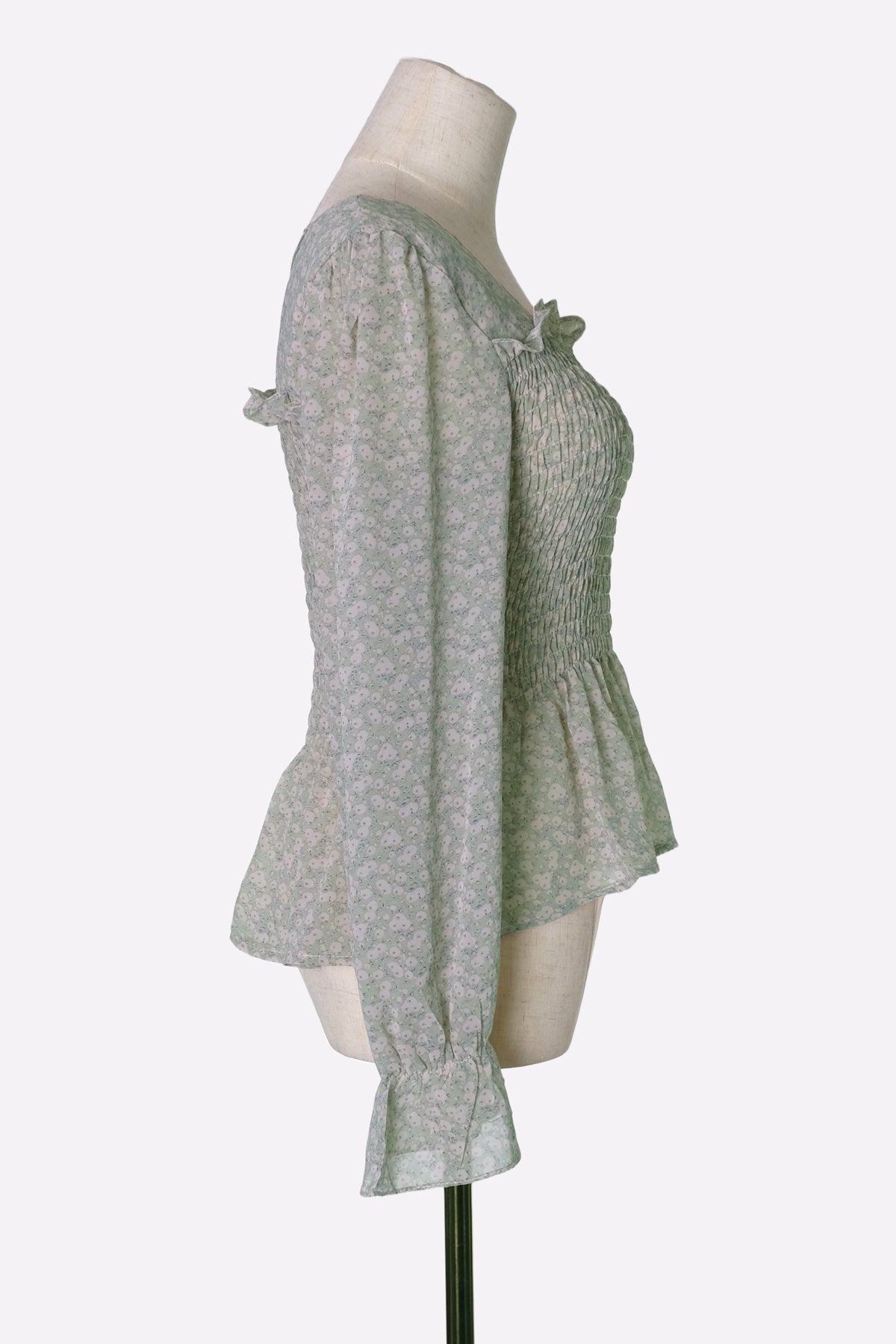 Floral Print Bell-Sleeve Chiffon Blouse (Green Floral)