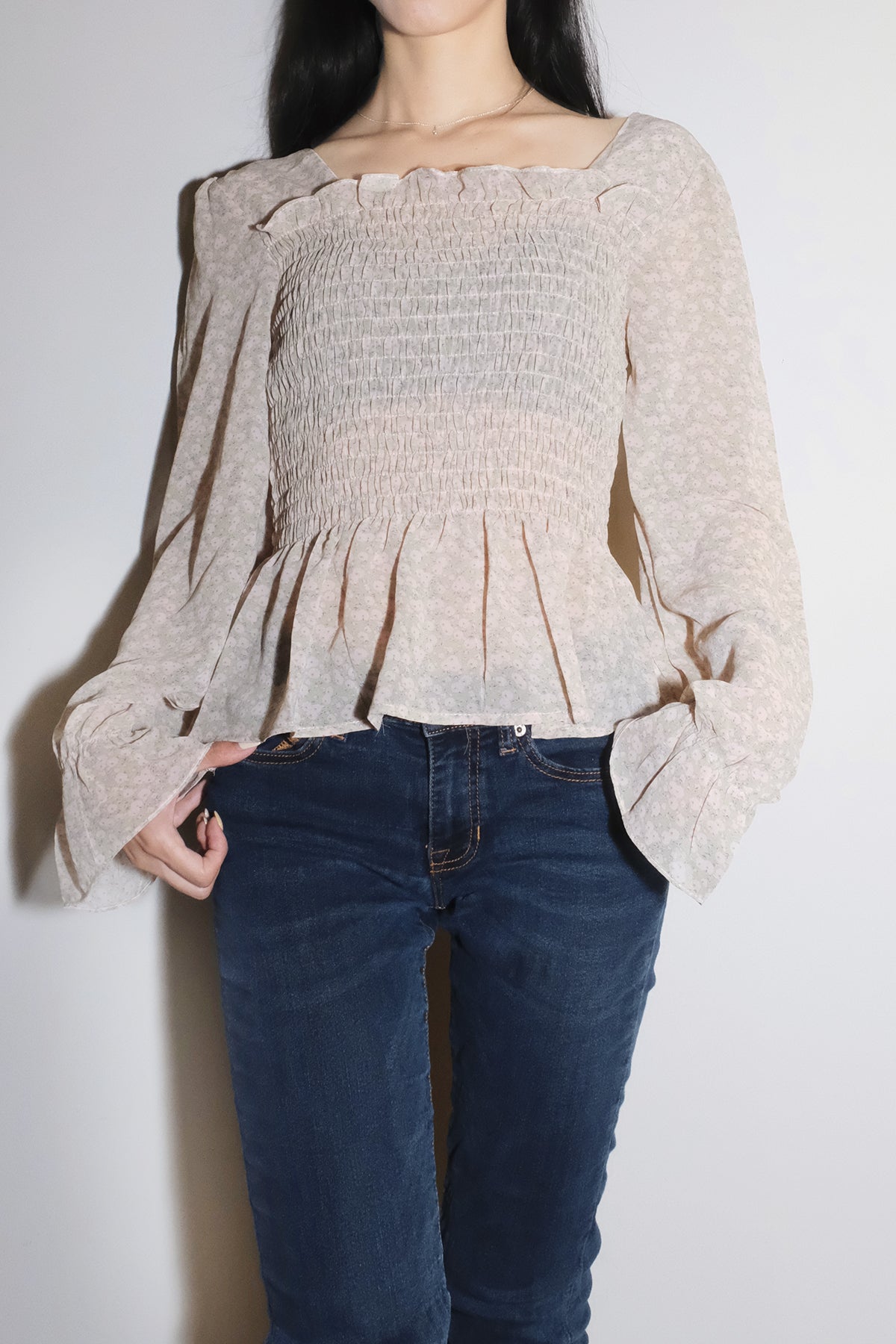 Floral Print Bell-Sleeve Chiffon Blouse (Green Floral)