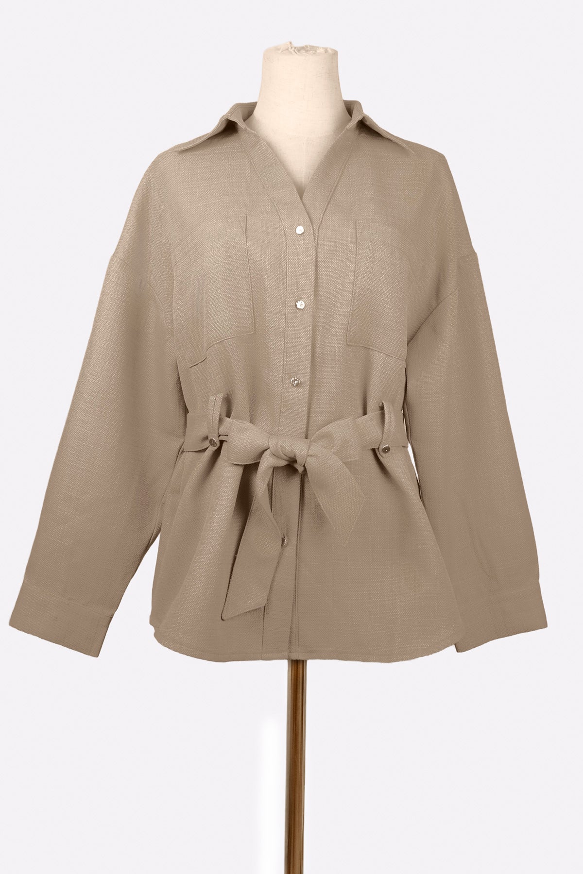 Summer Tweed Belted Shirt Jacket (Mocha) Front