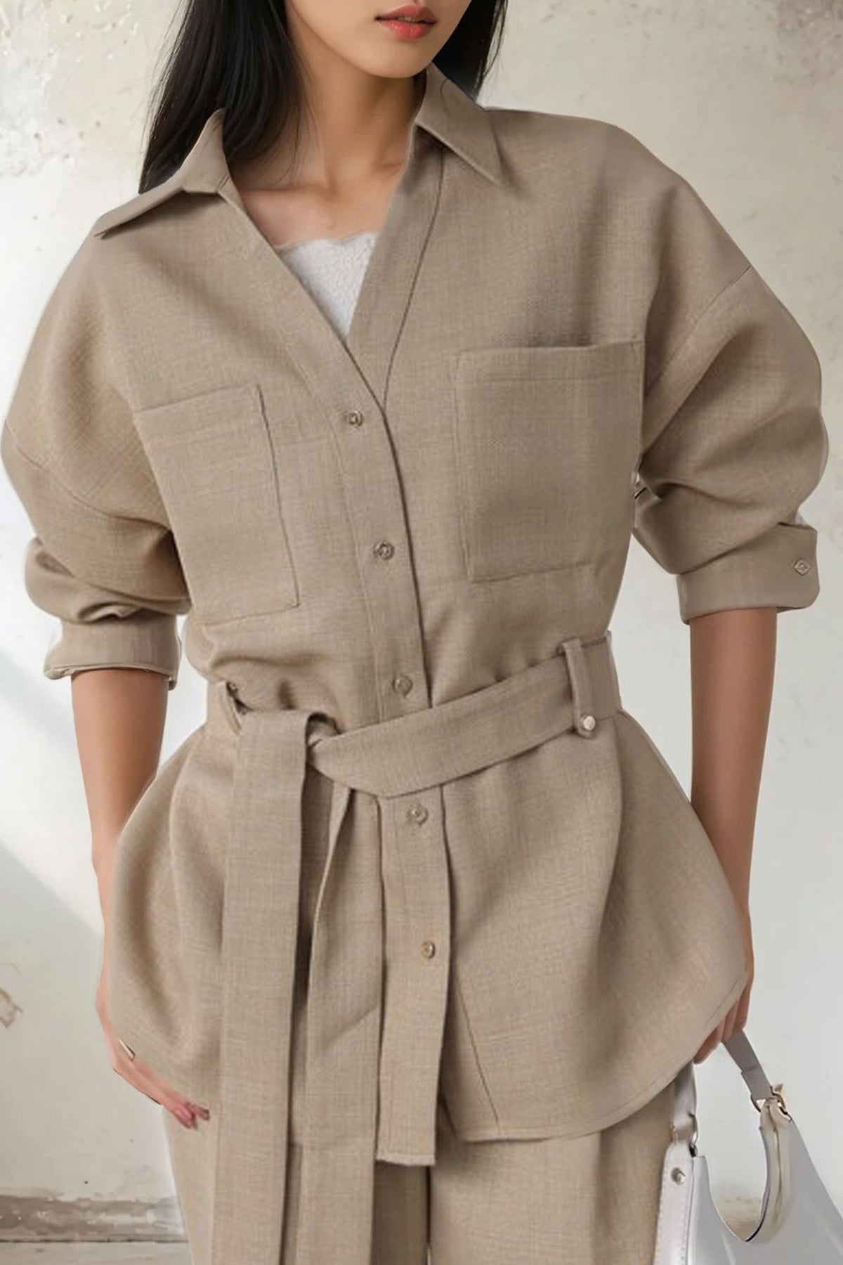 Summer Tweed Belted Shirt Jacket (Mocha)