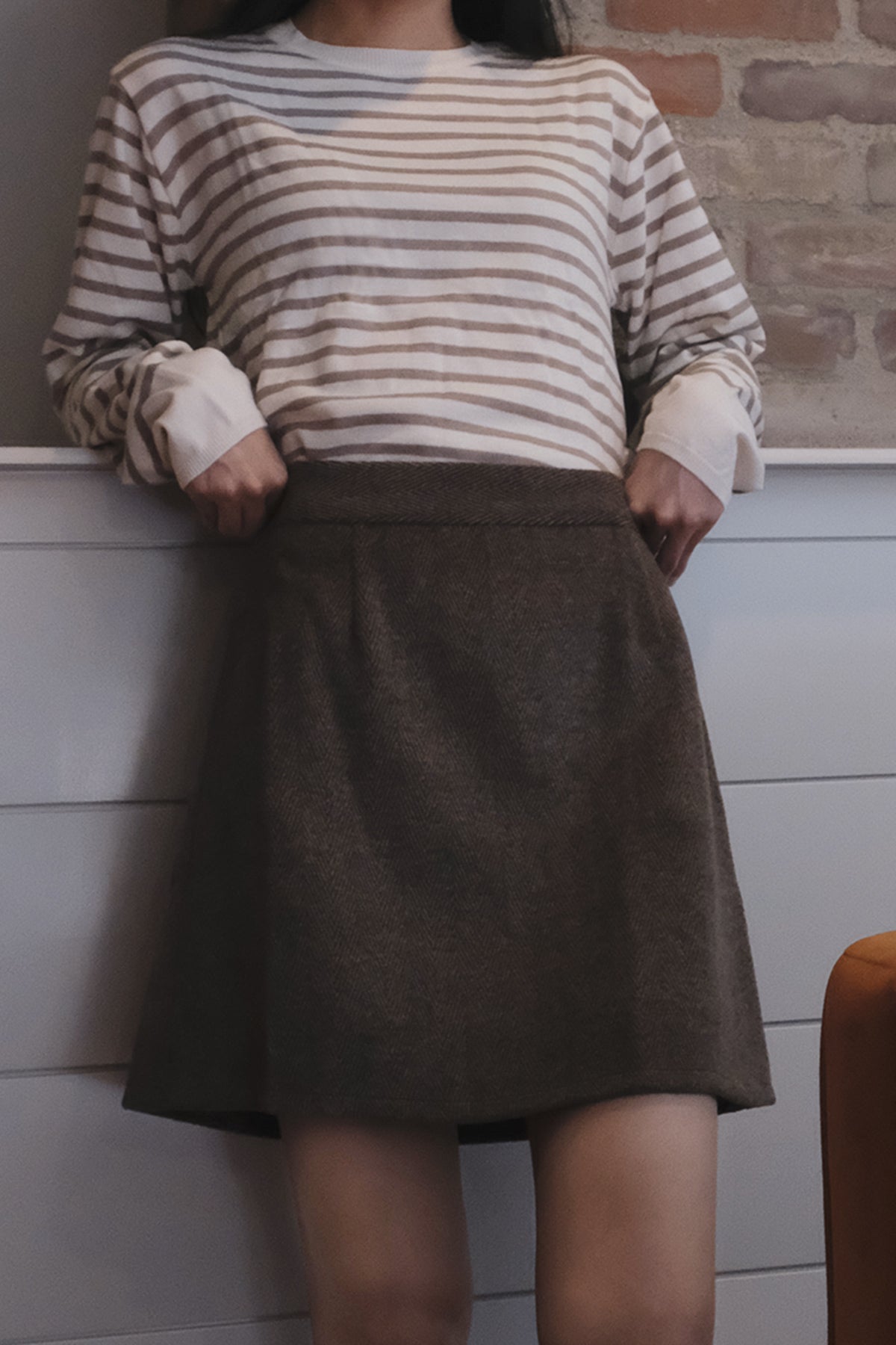 Herringbone Wool Skirt (Brown)