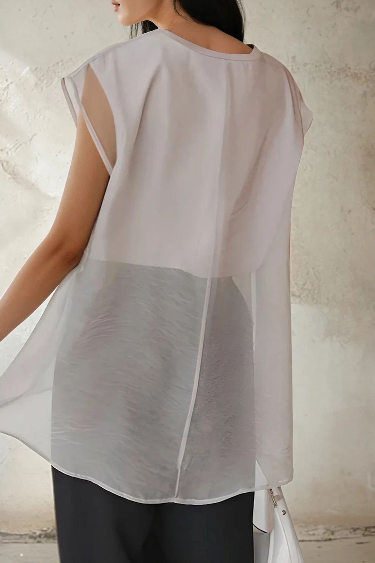 Sheer-layered T-shirt Sleeveless Top (Greige) Model