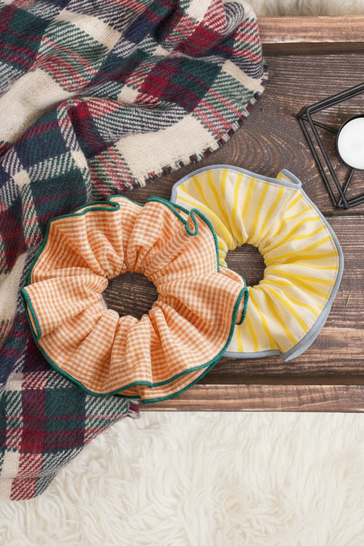 Retro Plaid Ruffled Scrunchie (Orange)