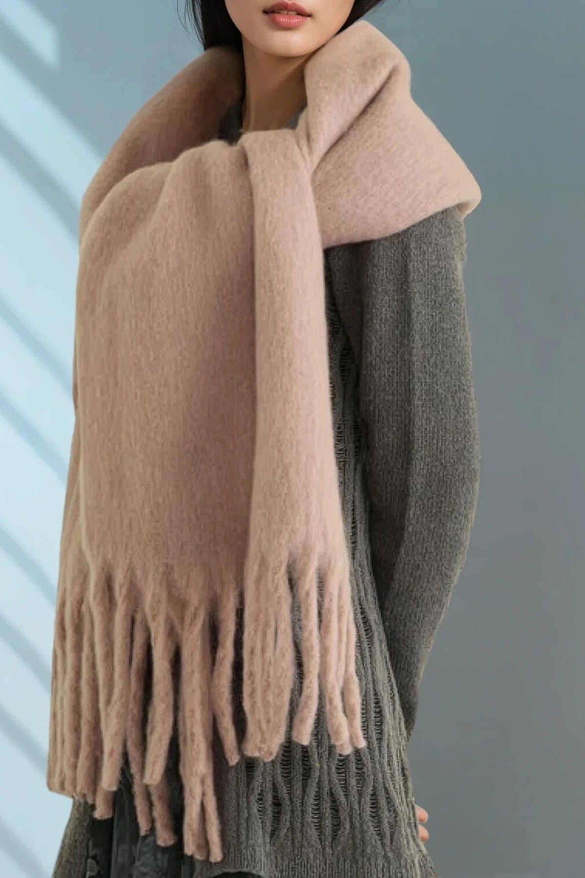 Fluffy Fringe Scarf (Pink Beige)