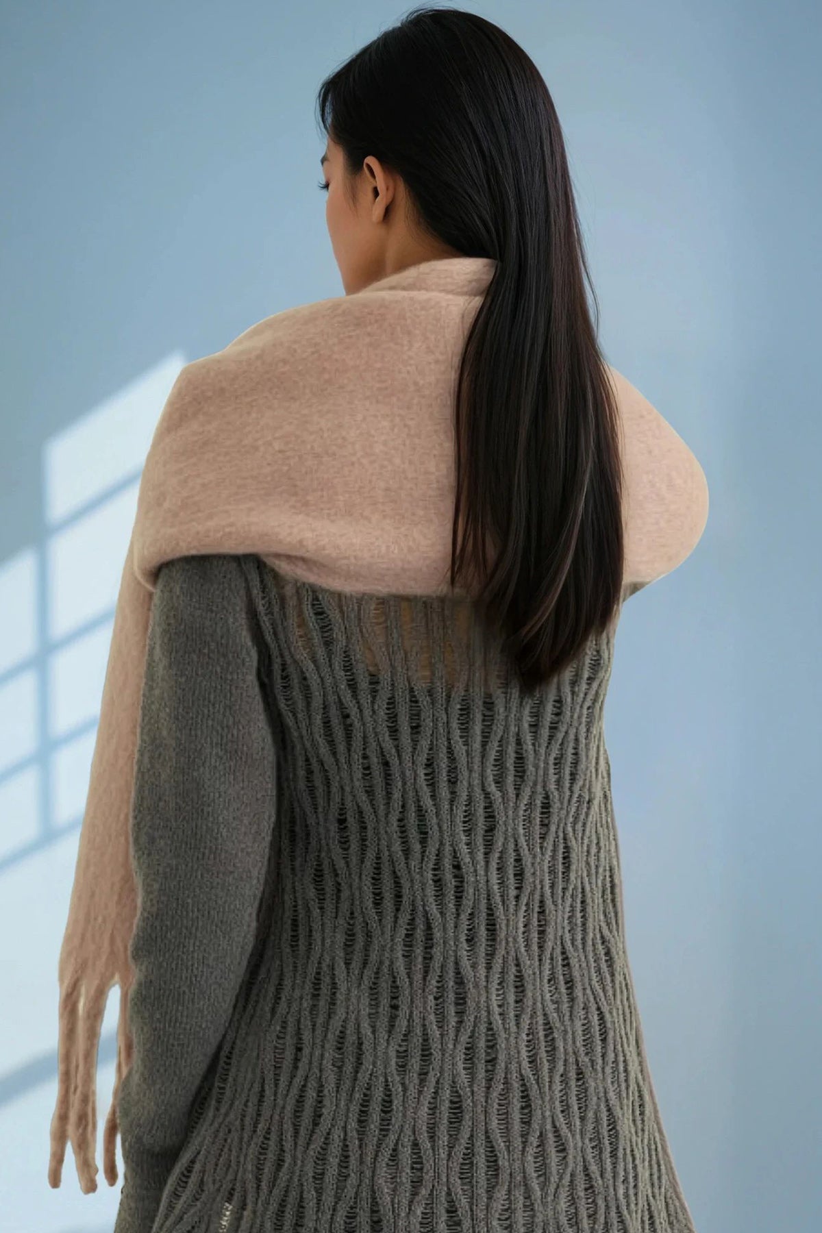 Fluffy Fringe Scarf (Pink Beige)