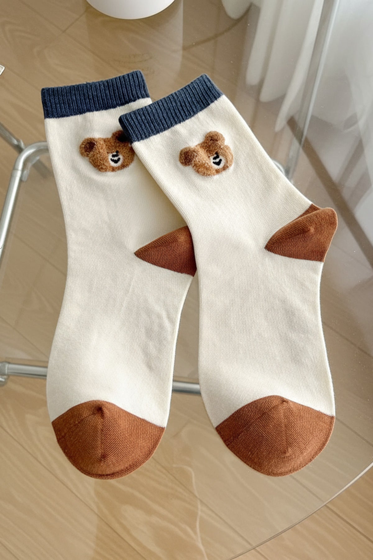 Smiley Bear Crew Socks (White, Blue, Brown)