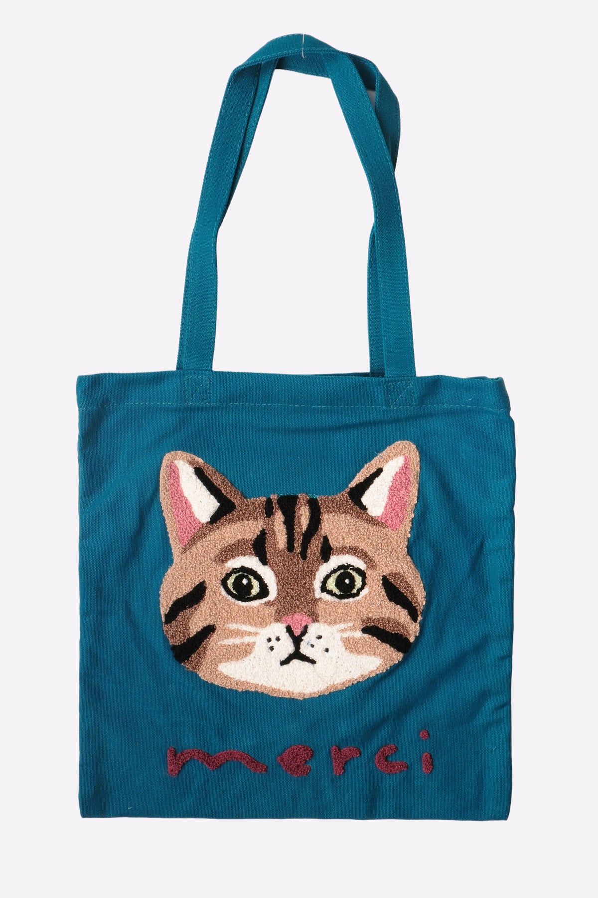 Merci Tabby Cat Embroidered Cotton Tote Bag