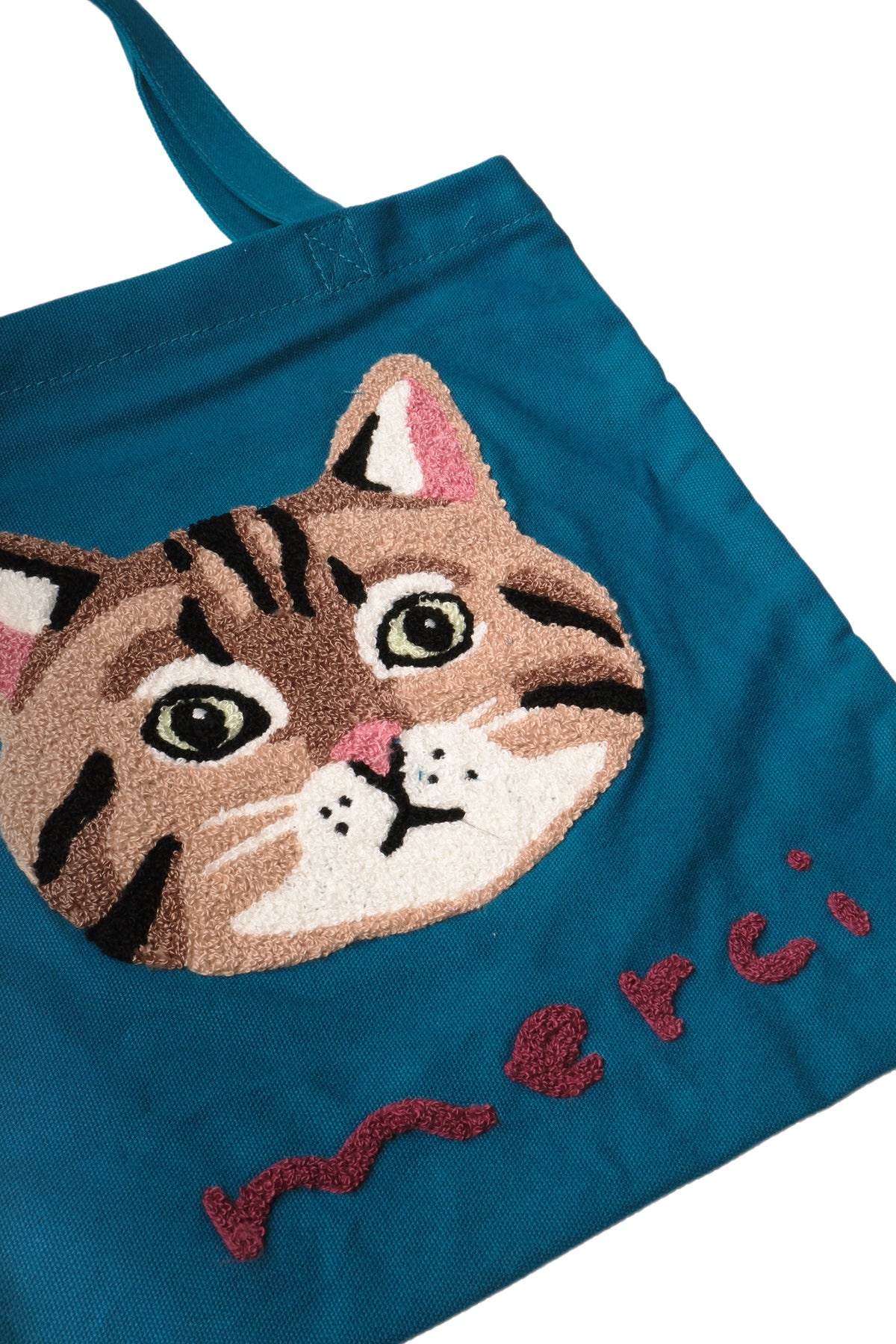 Merci Tabby Cat Embroidered Cotton Tote Bag