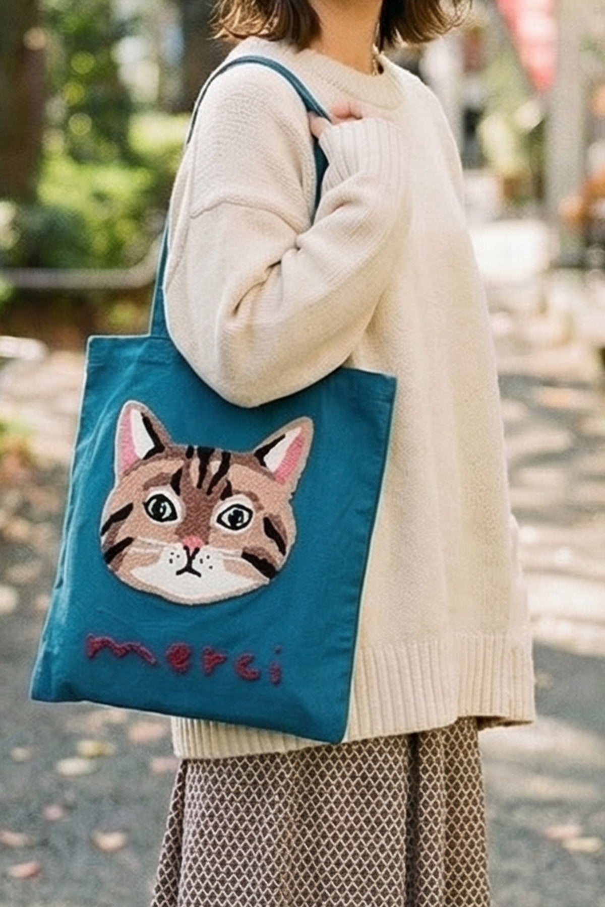 Merci Tabby Cat Embroidered Cotton Tote Bag