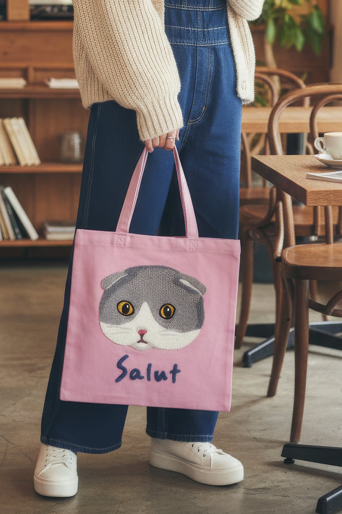 Salut Kitty Embroidered Cotton Tote Bag