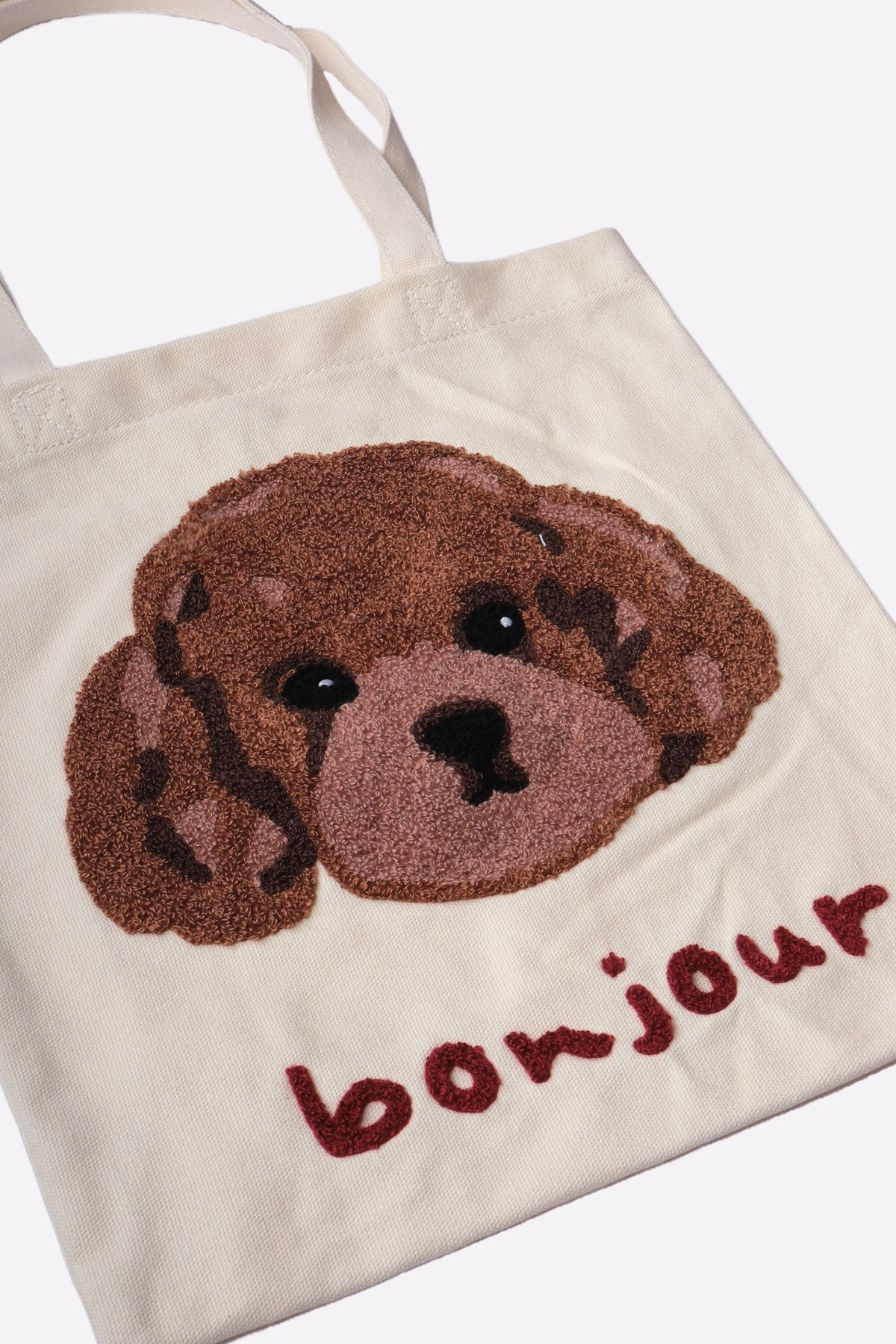 Bonjour Puppy Embroidered Cotton Tote Bag