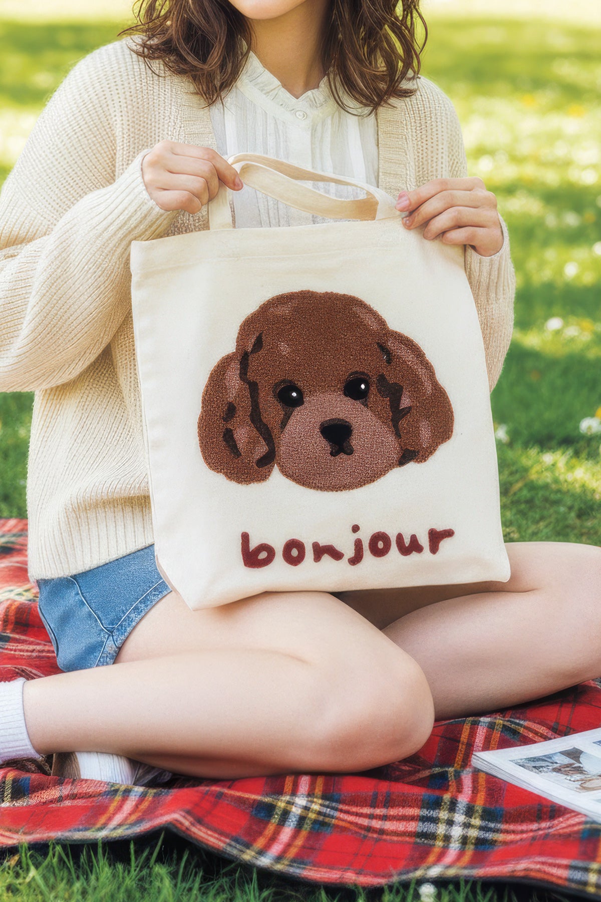 Bonjour Puppy Embroidered Cotton Tote Bag