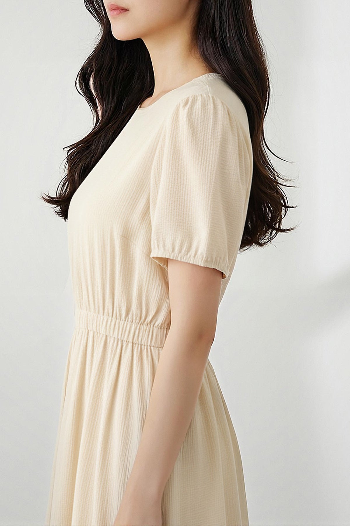 Seersucker Midi Dress (Yellow Beige)