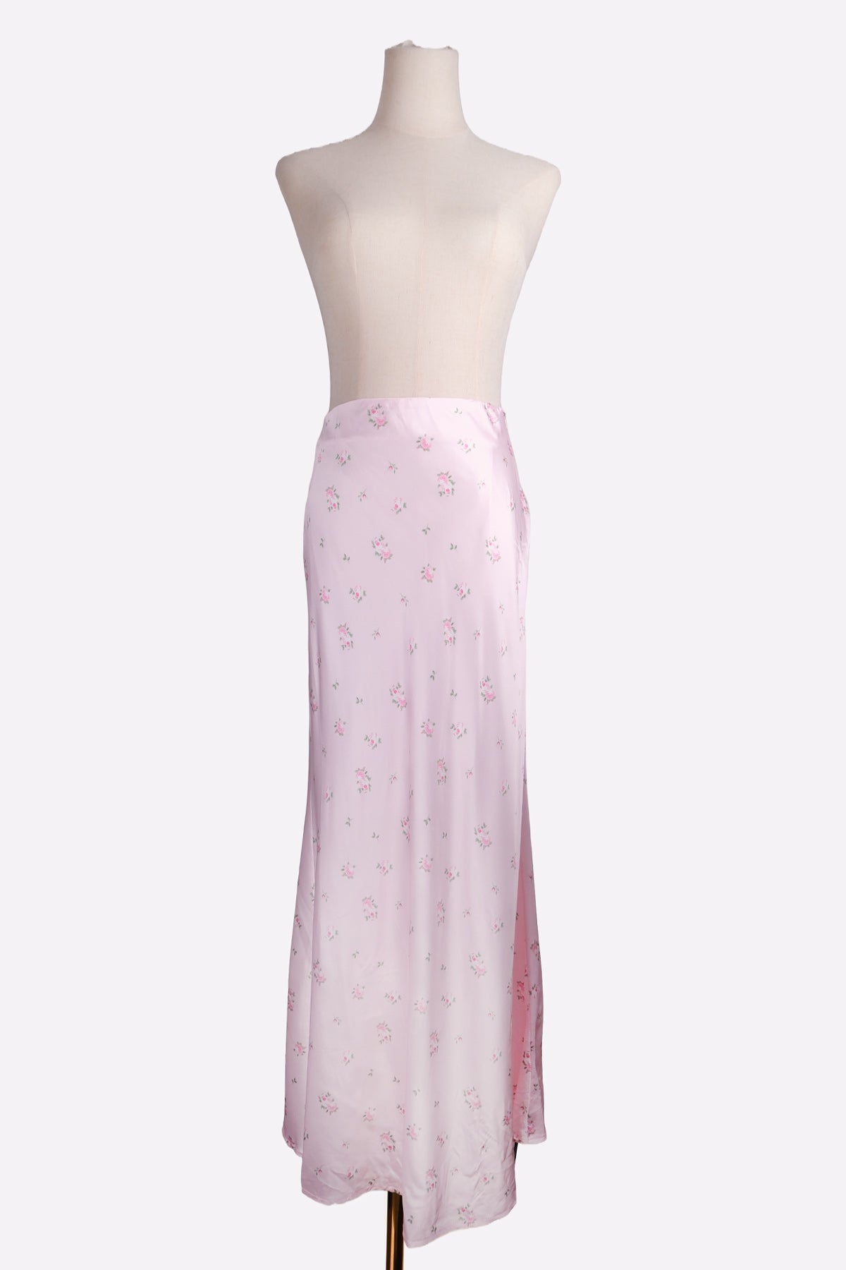 Satin Floral Print Midi Skirt (Light Pink)