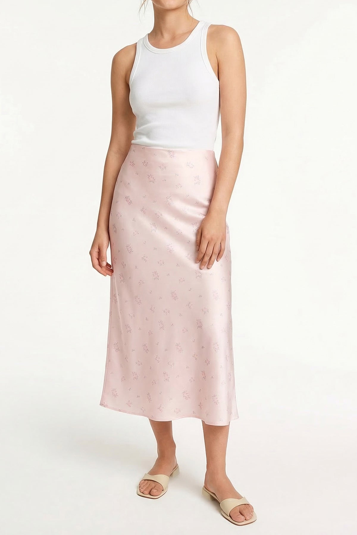 Satin Floral Print Midi Skirt (Light Pink)