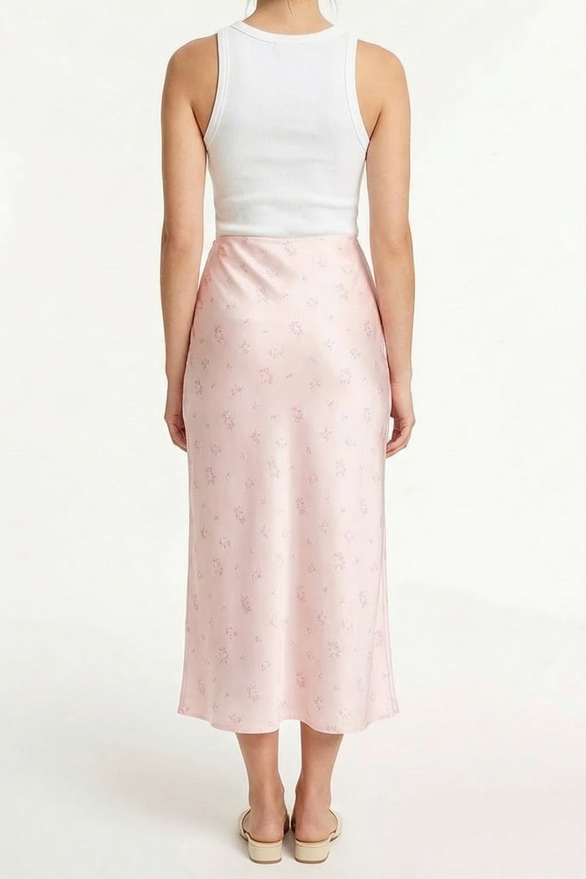 Satin Floral Print Midi Skirt (Light Pink)