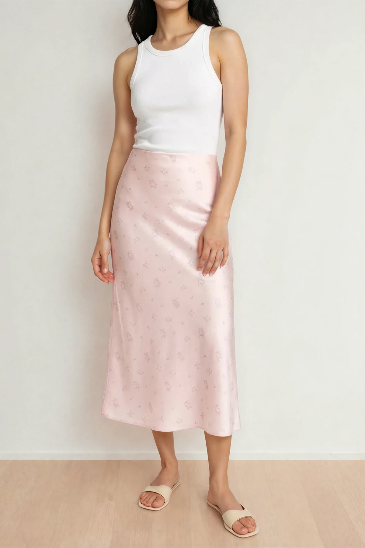 Satin Floral Print Midi Skirt (Light Pink)