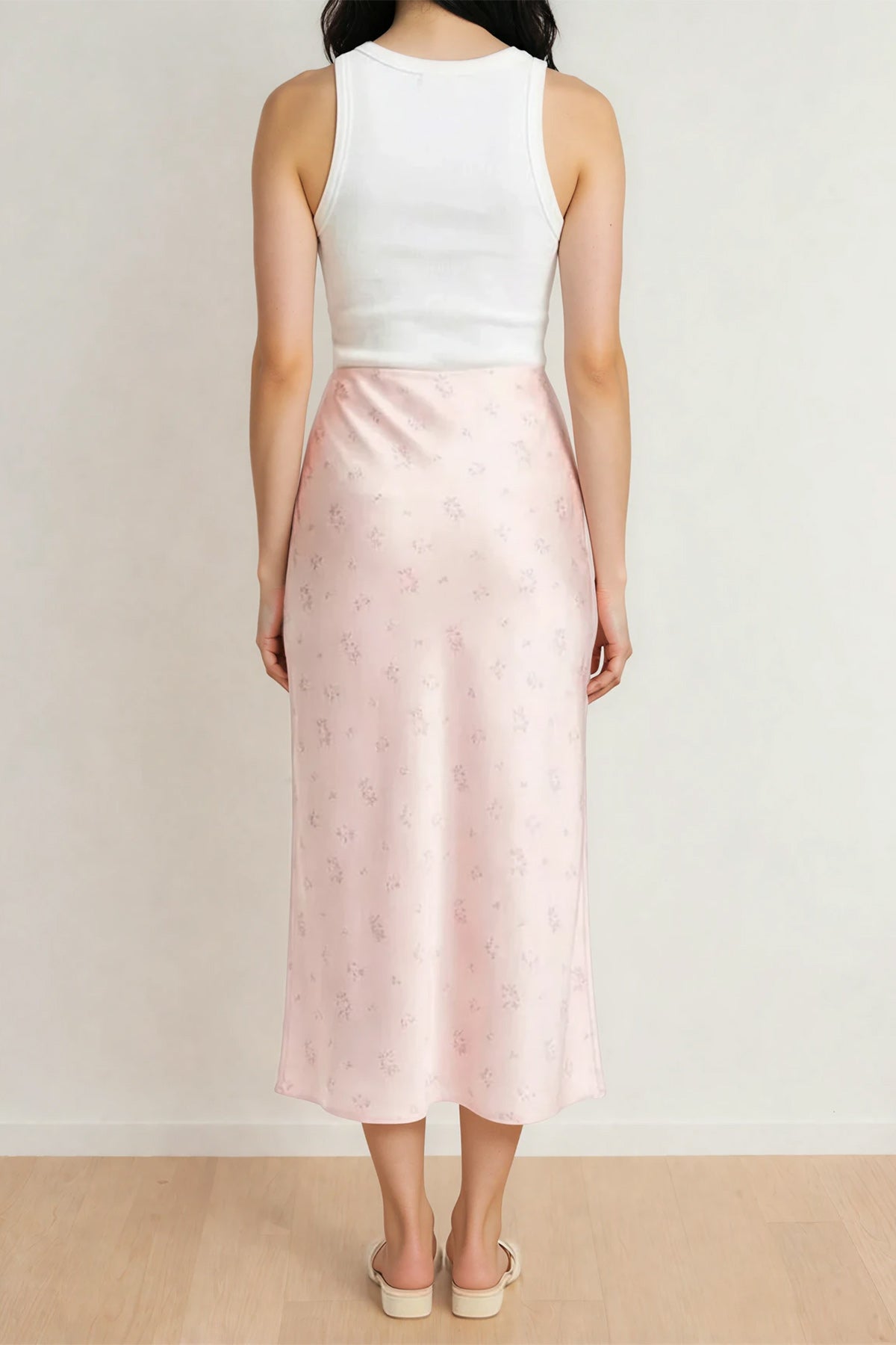 Satin Floral Print Midi Skirt (Light Pink)