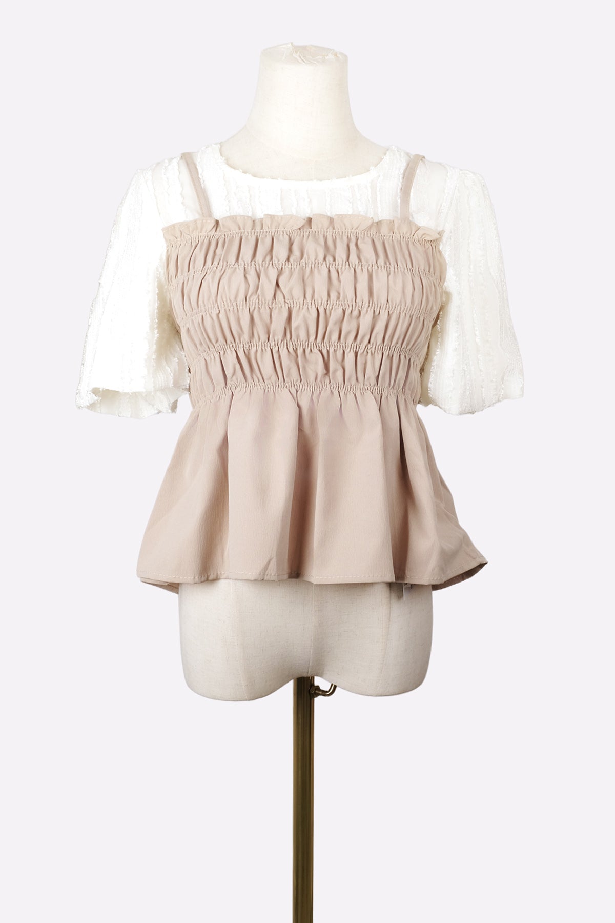 Balloon Sleeve Bustier Twofer Blouse (Beige) Front