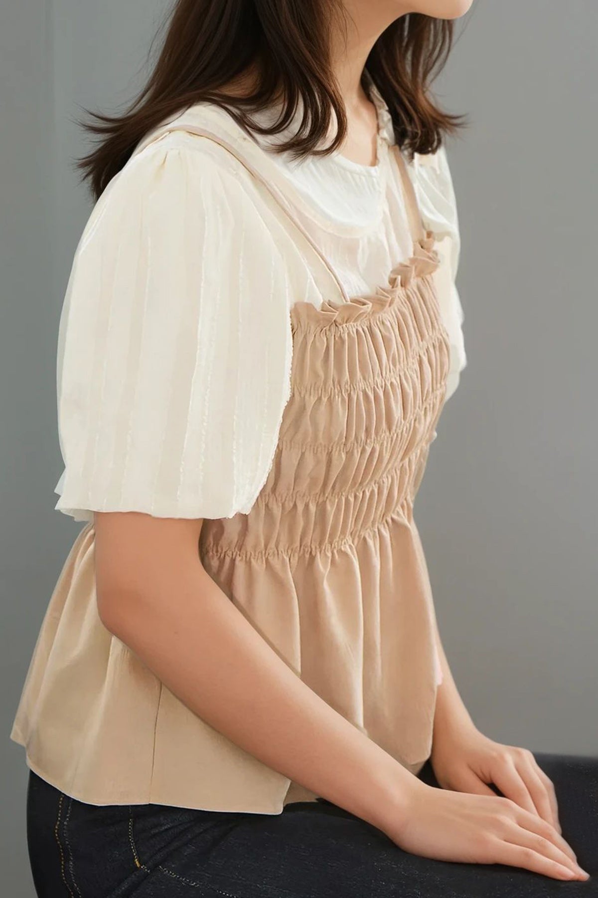 Balloon Sleeve Bustier Twofer Blouse (Beige)