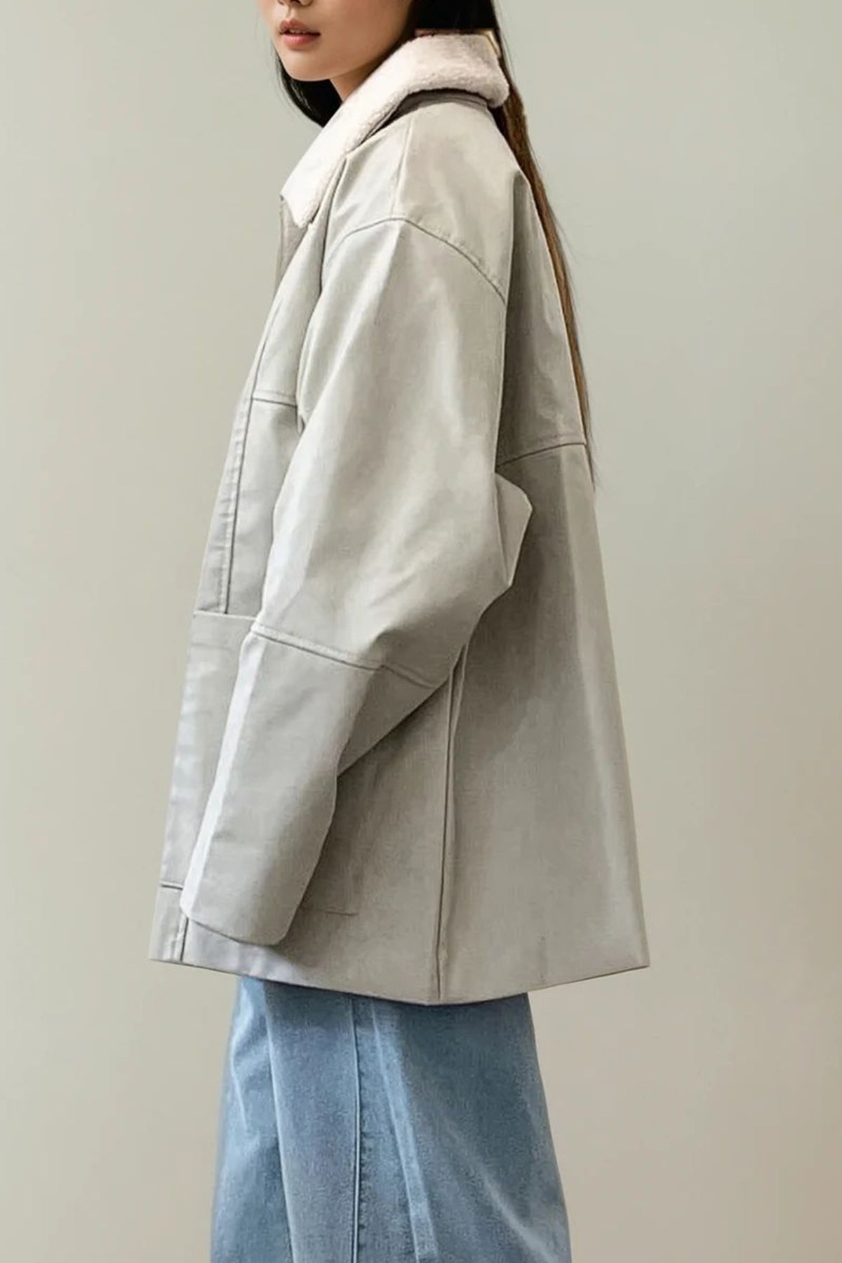 Faux Leather Short Coat (Ecru)