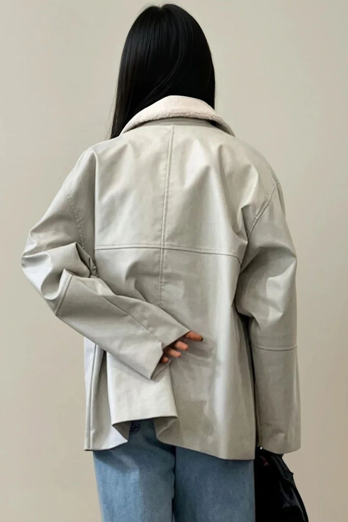 Faux Leather Short Coat (Ecru) Back