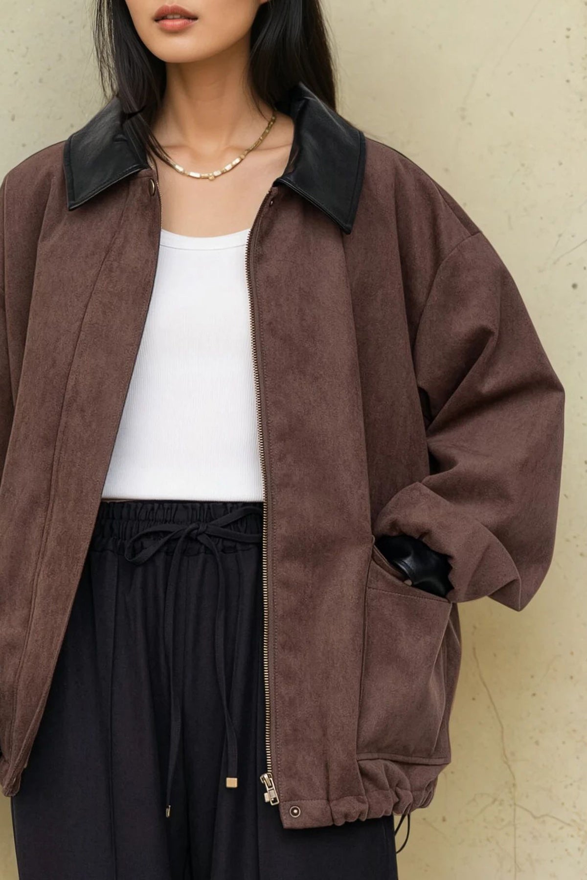 Faux Suede Jacket (Brown) - Model Shoot