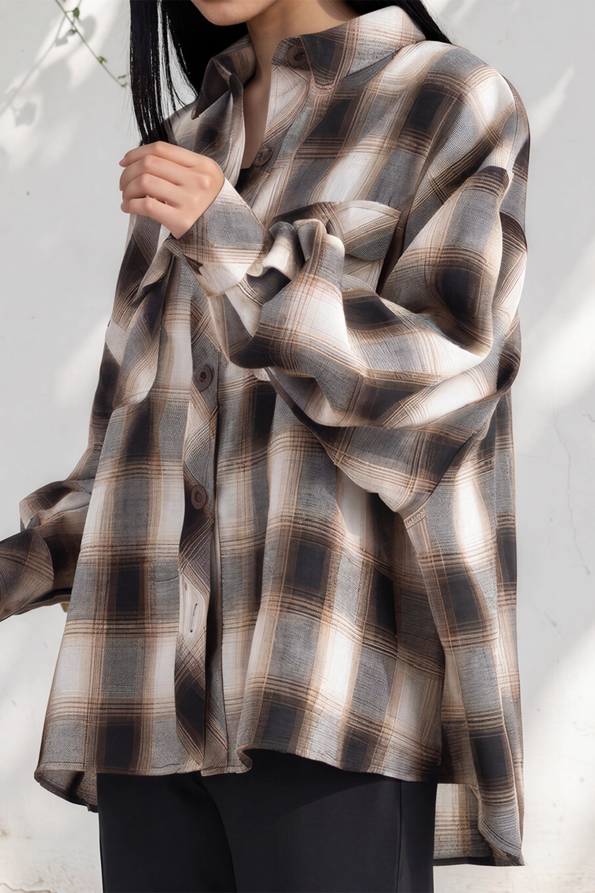 Ombre Plaid Relaxed Fit Button Shirt (Brown Check)
